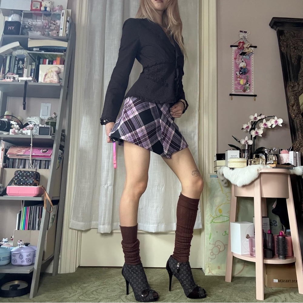 Size XS Unif Witz Pink & Black Plaid Wrap Mini Skirt - Picture 5 of 13